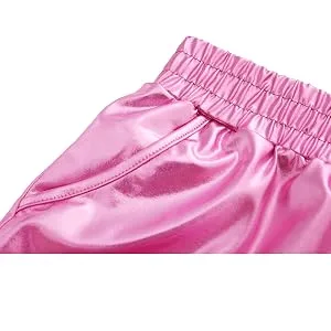 Fenyong Women's Metallic Shorts Shiny Pants with Elastic Waist Hot Rave Dance Pink Large - shiny shorts