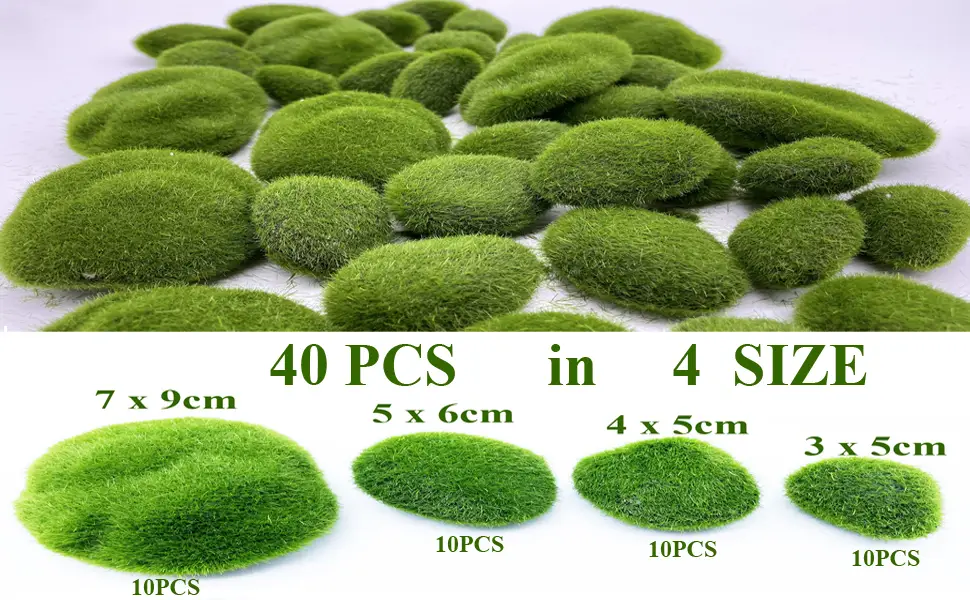 DUENEW 40PCS Artificial Moss Rocks Decorative Moss Balls Green Moss Covered Stones for Plants Decor Home Craft 4 Size - moss stone