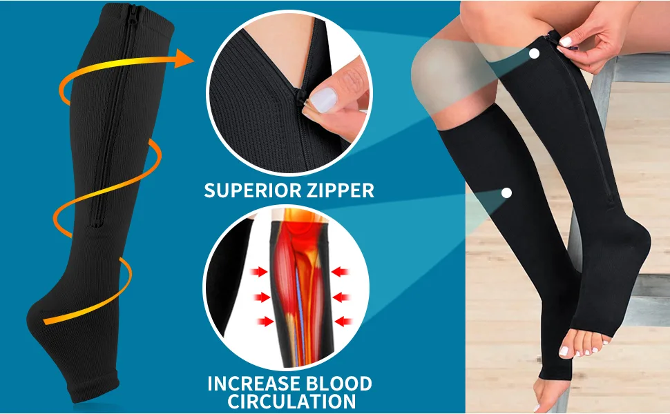 BLUEENJOY Zipper Compression Socks - 2 Pairs 15-20mmHg Open Toe Toeless Compression Socks for Women and Men 02 Black+Nude Large-X-Large - socks