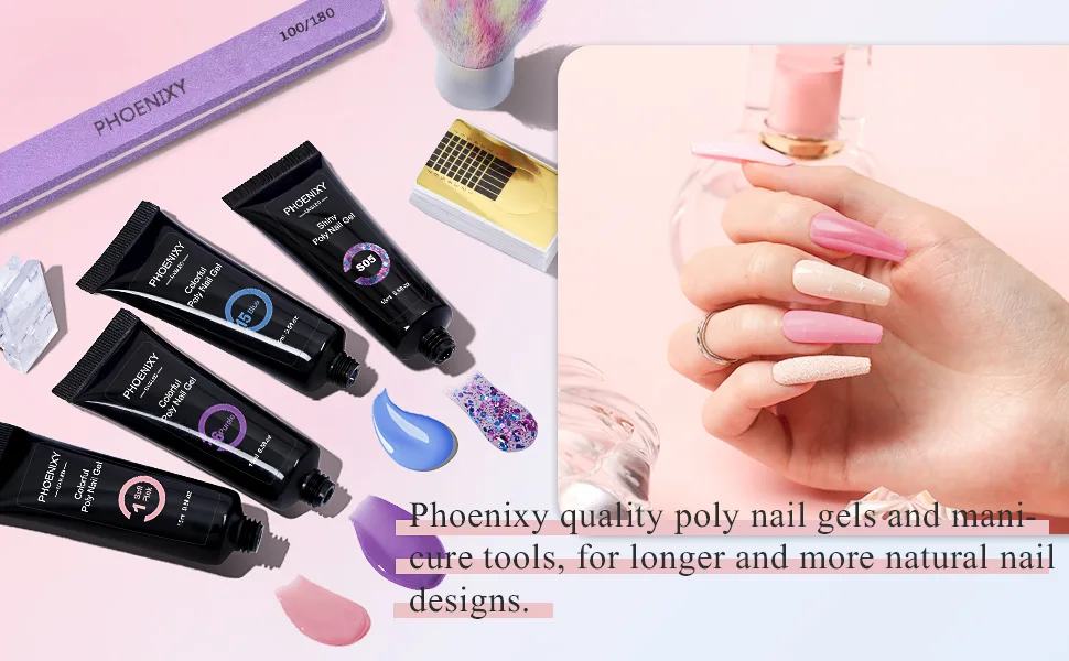 Poly Nail Gel Kit, Phoenixy 9 Colors Poly Extension Gel Kit with 48W LED U V Nail Lamp Poly Nail Extension Gel Starter Kit Seasons - Poly nail gel