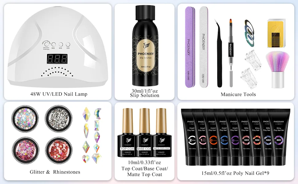 Poly Nail Gel Kit, Phoenixy 9 Colors Poly Extension Gel Kit with 48W LED U V Nail Lamp Poly Nail Extension Gel Starter Kit Seasons - Poly nail gel