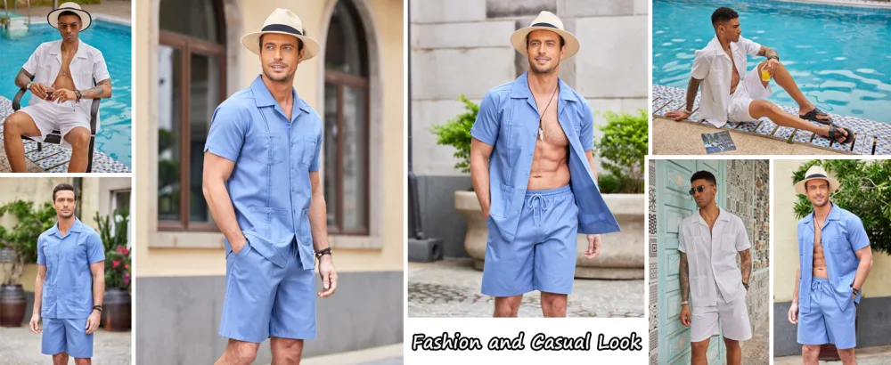 COOFANDY Men's 2 Pieces Guayabera Shirts Set Casual Linen Short Sleeve Button Down Shirts and Shorts Outfits White X-Large - mens Button Down Shirts
