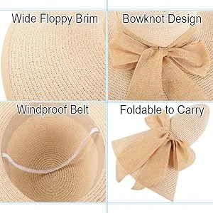 Lanzom Womens 5.5 Inches Big Bowknot Straw Hat Large Floppy Foldable Roll up Beach Cap Sun Hat UPF 50+ Khaki One Size - product information 12