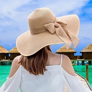 Lanzom Womens 5.5 Inches Big Bowknot Straw Hat Large Floppy Foldable Roll up Beach Cap Sun Hat UPF 50+ Khaki One Size - sun hat