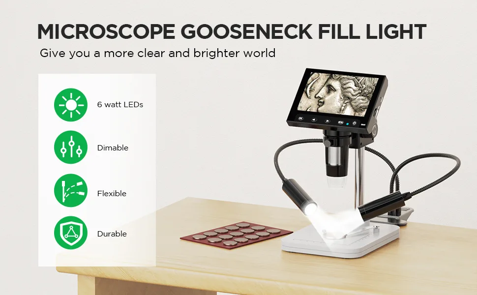 Microscope Light, Gooseneck LED Fill Lights for Digital Microscope, 6-Watt Aluminum Auxiliary Spotlights with Dimmable Switch, Compatible with Coin Microscope, HDMI Soldering Microscope for Repair - Opqpq mircroscope light