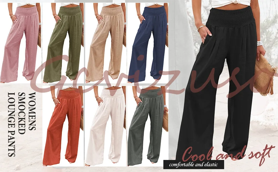 Gcvizuso Women's Cotton Linen Pants Summer Elastic High Waist Palazzo Pants Loose Wide Leg Lounge Yoga Pants with Pockets A02-coffee Large - pant
