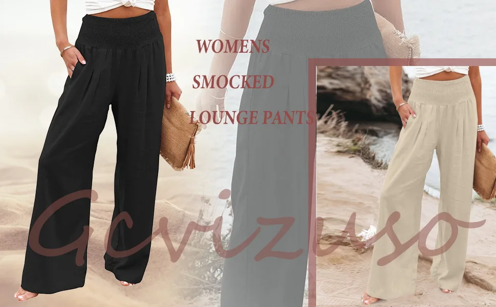 Gcvizuso Women's Cotton Linen Pants Summer Elastic High Waist Palazzo Pants Loose Wide Leg Lounge Yoga Pants with Pockets A02-coffee Large - pant