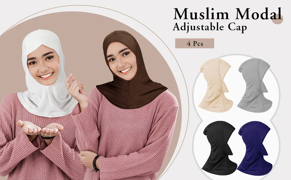 4 Pieces Modal Hijab Cap Adjustable Muslim Stretchy Turban Full Cover Shawl Cap Full Neck Coverage for Lady Black, White, Dark Brown, Light Red, Beige - product information 1