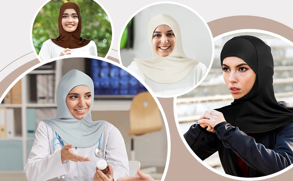 4 Pieces Modal Hijab Cap Adjustable Muslim Stretchy Turban Full Cover Shawl Cap Full Neck Coverage for Lady Black, White, Dark Brown, Light Red, Beige - product information 4