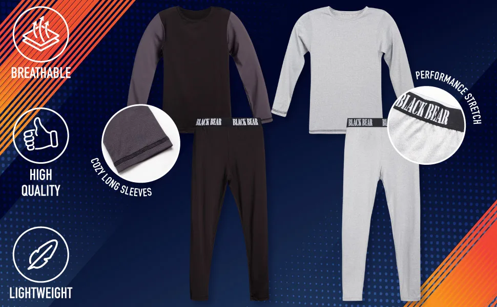 Black Bear Boys' Thermal Underwear Set - 4 Piece Performance Base Layer Long Sleeve T-Shirt and Long Johns Set Navy/Light Blue Medium - black bear - thermals info 2