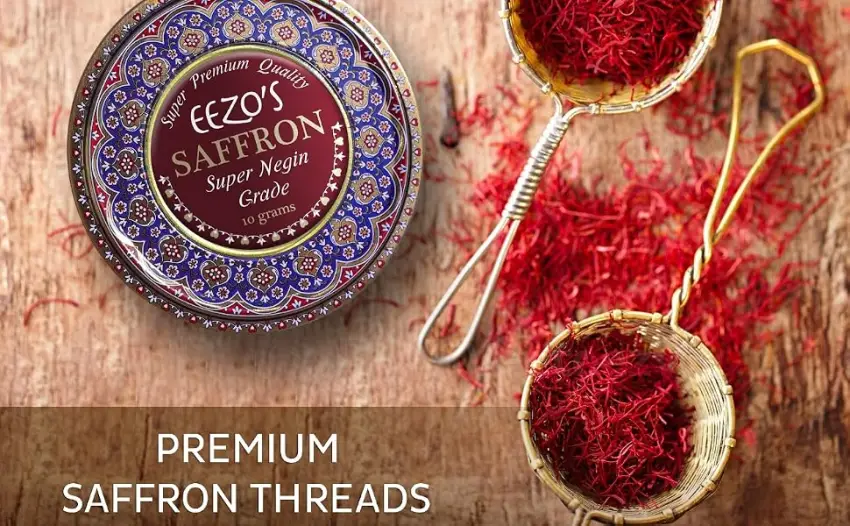 Eezo's Saffron - Premium Super Negin Quality - Saffron Spice/Threads -Perfect for Paella, Risotto, Tea's, Sweets and all types of Culinary Uses (2 Grams) 2.0 Grams - Beautiful package of Super Negin Saffron and Threads spread on table
