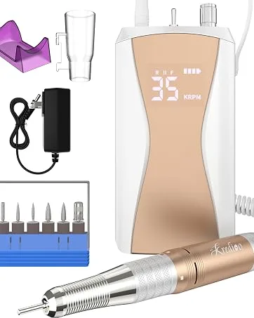 35000RPM Nail Drill Professional, Kredioo Rechargeable Portable Electric File with Twist Lock LED Screen Easy Efile Kit for Acrylic Nails Gel Polish Manicure Pedicure Salon Quality Rose Pink - nail drill