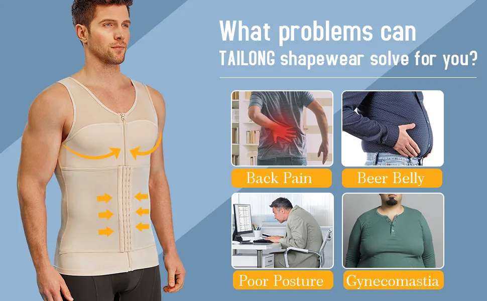 TAILONG Body Shaper Compression Shirts for Men Tummy Control Shapewear Tank Top Large Black - product information 19