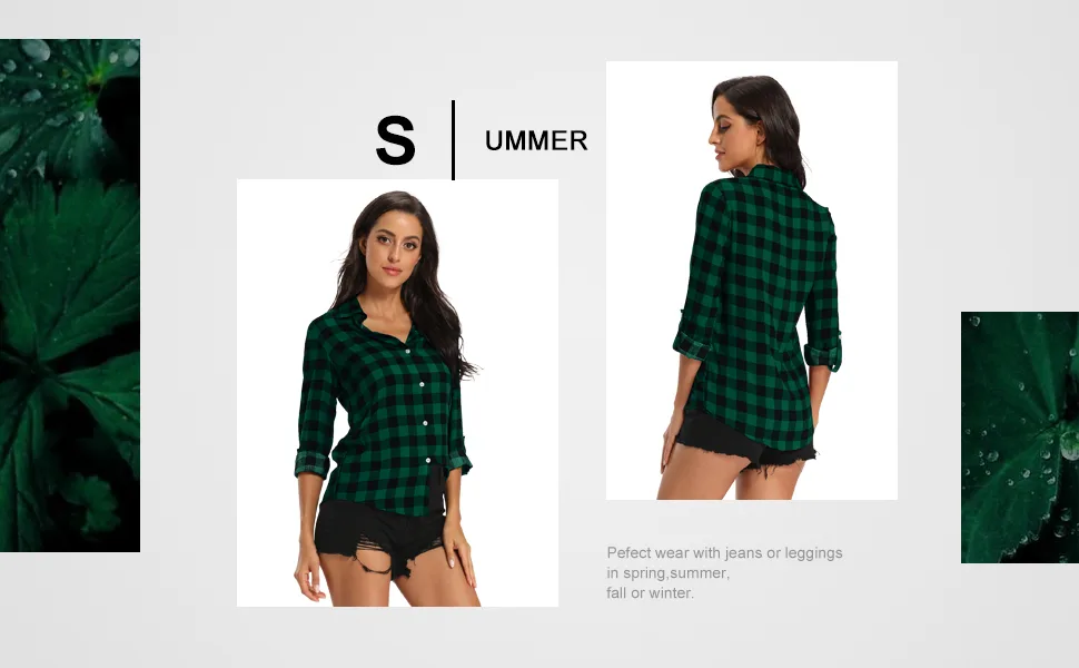 Aeslech Lightweight Plaid Shirts for Women Button Down Roll Up Sleeve Casual Tops Blouse Medium C Pink - womens plaid shirt