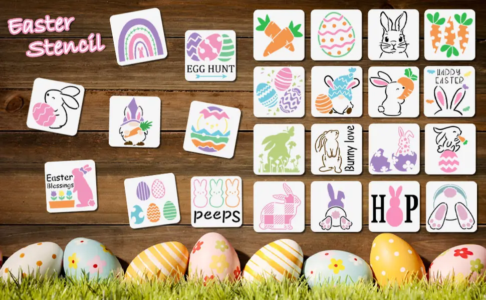24Pcs 3x3 Inch Small Easter Stencils for Painting on Wood,Include Carrot/Egg/Peeps/Bunny Stencils for DIY Crafts Ornaments - 24pcs Easter stencils