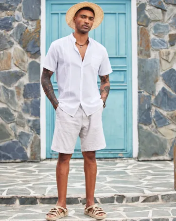 COOFANDY Men 2 Piece Linen Set Casual Short Sleeve Shirt and Short Beach Set Adult X-Large White - product information 12