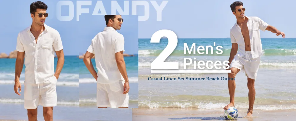 COOFANDY Men 2 Piece Linen Set Casual Short Sleeve Shirt and Short Beach Set Adult X-Large White - product information 22