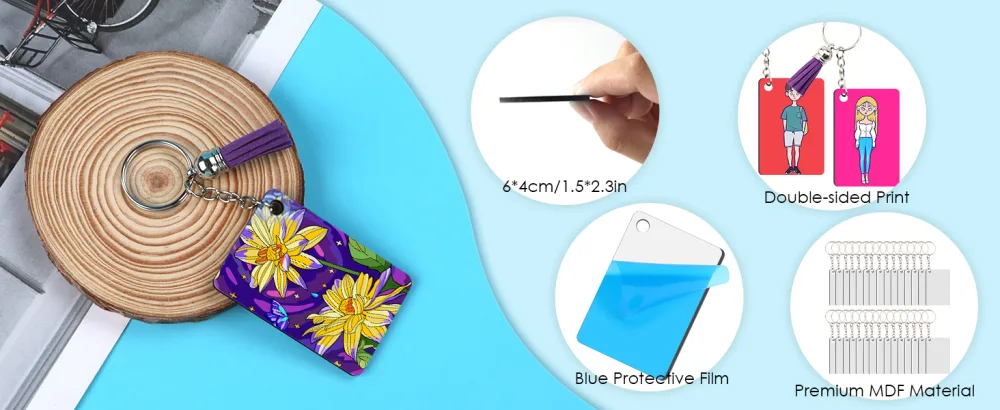 HTVRONT Sublimation Keychain Blanks Bulk - 120Pcs Sublimation Blanks Keychain with Blue Protective Film - MDF Rectangle Keychain with Tassels - Heat Transfer Keychain Blanks Double Sided - keychain for sublimation