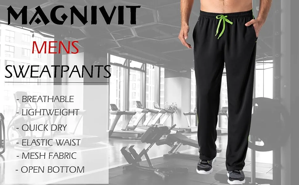 MAGNIVIT Men's Lightweight Sweatpants Loose Fit Open Bottom Mesh Athletic Pants with Zipper Pockets Black Grey Large - product information 1