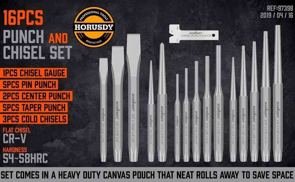 HORUSDY 16-Piece Punch and Chisel Set, Including Taper Punch, Cold Chisels, Pin Punch, Center Punch - product information 2
