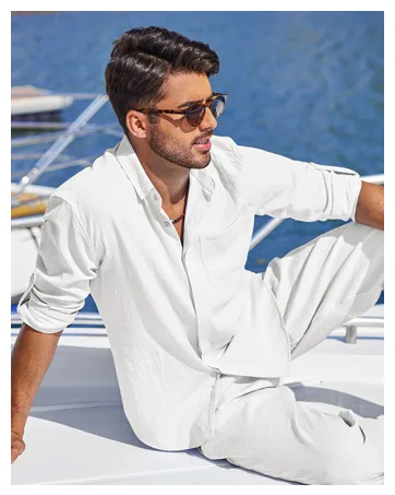 COOFANDY Men's 2 Piece Linen Shirts Sets Summer Beach Long Sleeve Casual Button-Down Shirts with Sleeve Tabs Pants Outfits 01-white X-Large - mens vacation outfits set