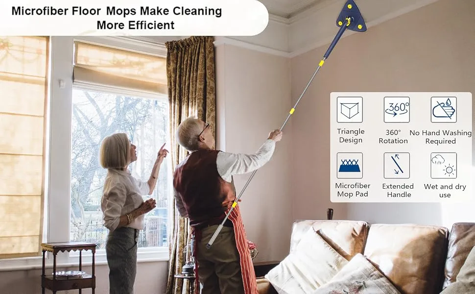 Rotatable Adjustable Cleaning Mop, 85Inch Long Handle 360 Triangle Baseboard Wall Cleaner with Extension Pole 40" to 85", 4 Reusable Washable Mop Pads, Wringer, Wet Dry for Ceiling,Floor,Wall etc Blue - product information 1