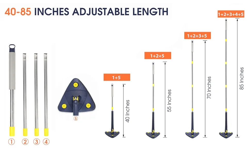 Rotatable Adjustable Cleaning Mop, 85Inch Long Handle 360 Triangle Baseboard Wall Cleaner with Extension Pole 40" to 85", 4 Reusable Washable Mop Pads, Wringer, Wet Dry for Ceiling,Floor,Wall etc Blue - product information 3