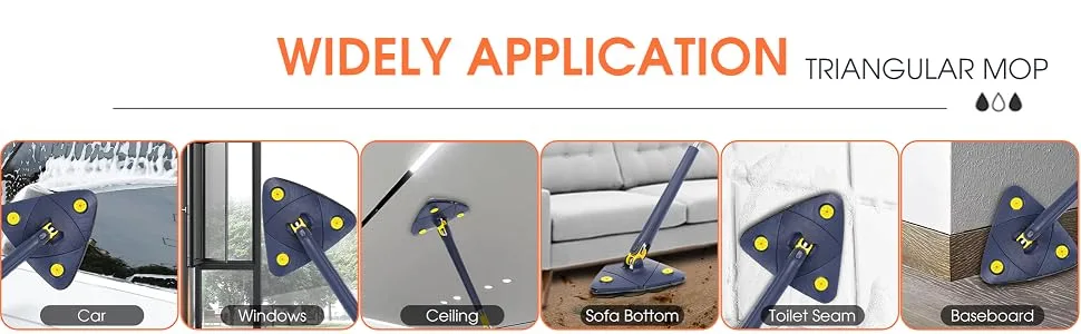 Rotatable Adjustable Cleaning Mop, 85Inch Long Handle 360 Triangle Baseboard Wall Cleaner with Extension Pole 40" to 85", 4 Reusable Washable Mop Pads, Wringer, Wet Dry for Ceiling,Floor,Wall etc Blue - product information 4