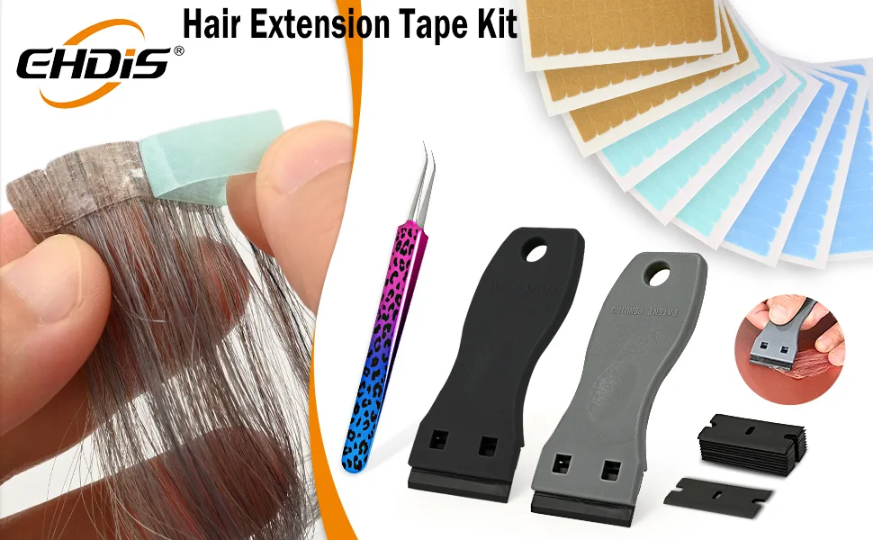 EHDIS Hair Extension Tape Tabs, 9 Sheets Double Sided Replacement Tape Adhesive Hair Extension Tapes with 2PCS Glue Remover Scraper Tool Set (TypeA) - hair extension remover set