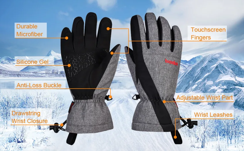 Fitfirst Ski Gloves,Waterproof Snow Gloves Windproof Winter Touchscreen Gloves Men Women Grey Large - snow gloves
