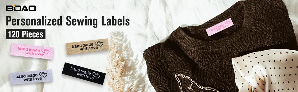 120 Pieces Personalized Sewing Labels Sew on Clothing Labels Handmade Interlocking Heart Pattern Label Tags for Handmade Items Clothes (White) - product information 1