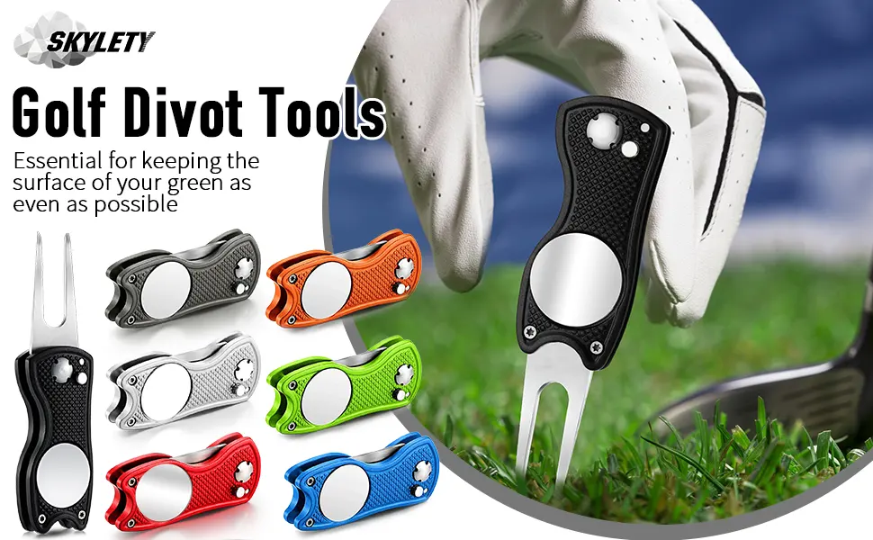 4 Pieces Golf Repair Tool Stainless Steel Foldable Golf Divot Tool Magnetic Golf Button Tool Golf Ball Marker (Red, Silver, Gray, Black) - product information 1