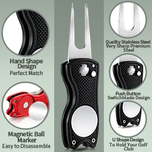 4 Pieces Golf Repair Tool Stainless Steel Foldable Golf Divot Tool Magnetic Golf Button Tool Golf Ball Marker (Red, Silver, Gray, Black) - product information 2
