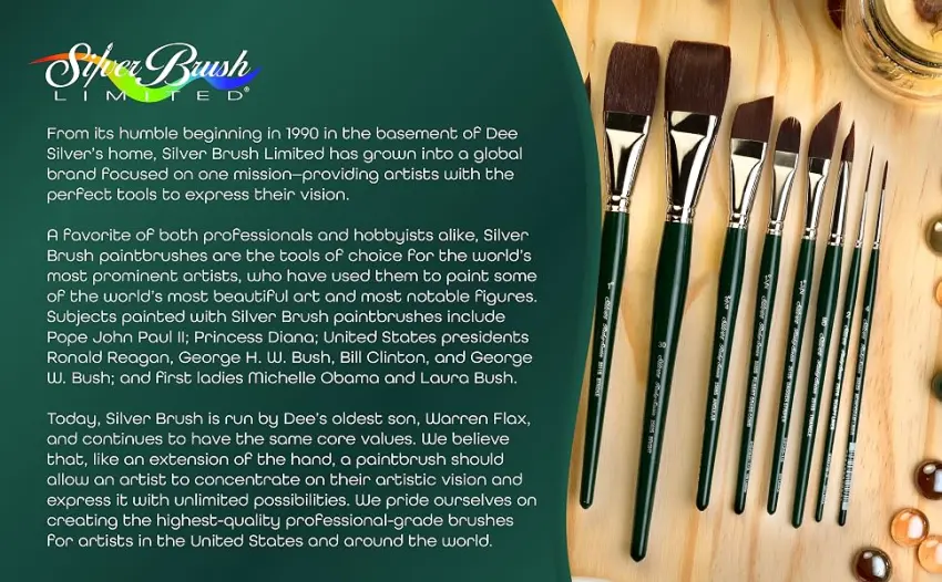 Silver Brush Limited 2503S1 Ruby Satin Filbert Brush for Fluid and Flow Acrylics, Size 1, Short Handle Size - 1 - The full Ruby Satin collection on a wooden table.