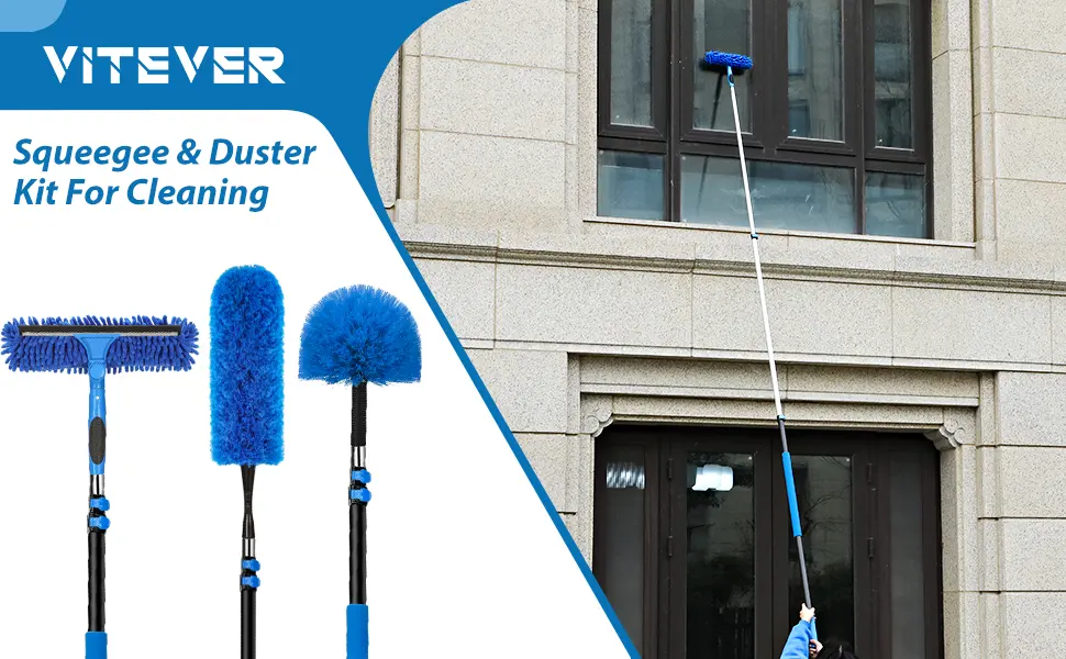 20 Foot High Reach Duster Kit with 5-12 Ft Extension Pole, Window Squeegee with Scrubber, Cobweb Duster Spider Web Brush, High Ceiling Fan Duster for Cleaning High Window, Ceiling Fan, Interior Roof - product information 1
