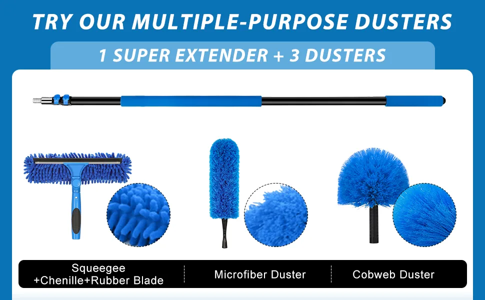 20 Foot High Reach Duster Kit with 5-12 Ft Extension Pole, Window Squeegee with Scrubber, Cobweb Duster Spider Web Brush, High Ceiling Fan Duster for Cleaning High Window, Ceiling Fan, Interior Roof - product information 2