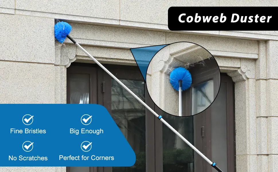 20 Foot High Reach Duster Kit with 5-12 Ft Extension Pole, Window Squeegee with Scrubber, Cobweb Duster Spider Web Brush, High Ceiling Fan Duster for Cleaning High Window, Ceiling Fan, Interior Roof - product information 5