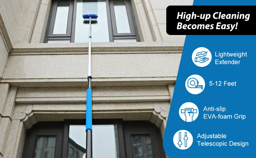 20 Foot High Reach Duster Kit with 5-12 Ft Extension Pole, Window Squeegee with Scrubber, Cobweb Duster Spider Web Brush, High Ceiling Fan Duster for Cleaning High Window, Ceiling Fan, Interior Roof - product information 6