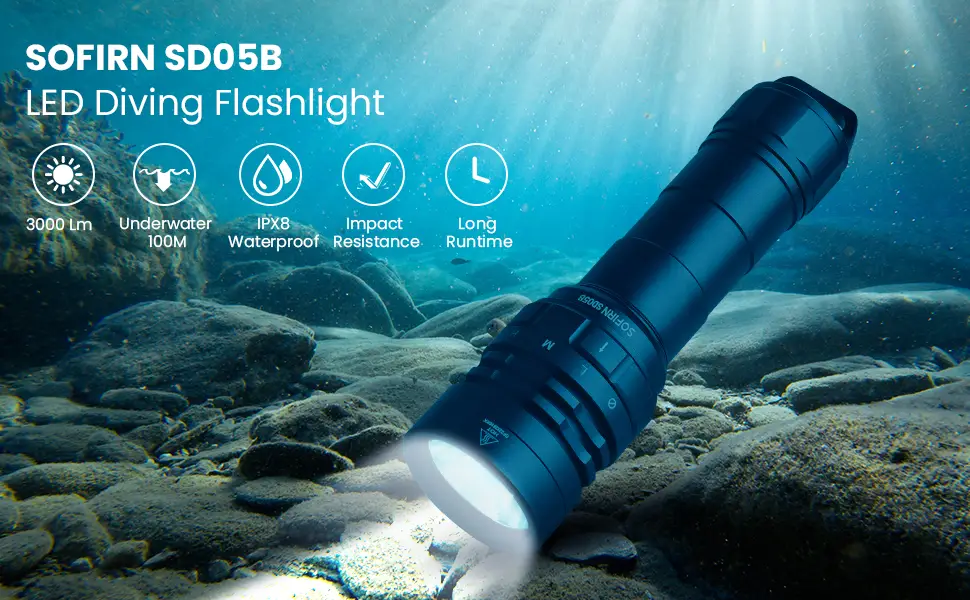 sofirn Dive Light, SD05B 3000 Lumen Super Bright Scuba Diving Flashlight, 100 Meters IPX8 Waterproof Night Underwater Flashlight, Submersible Light for Caving Sea Diving - product information 1