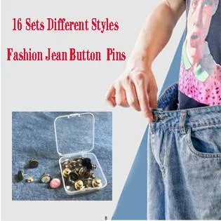 Adjustable Jeans Button Pins Instant, Zehhe 16 Sets Button Pins for Jeans No Sew Detachable Pants Waist Instant Button in Seconds DIY(17mm) - 16 sets fifferent styles jean button pins