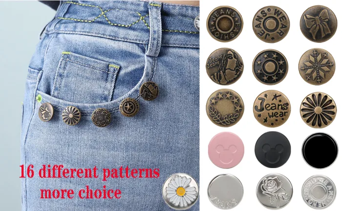 Adjustable Jeans Button Pins Instant, Zehhe 16 Sets Button Pins for Jeans No Sew Detachable Pants Waist Instant Button in Seconds DIY(17mm) - Adjustable Jeans Button