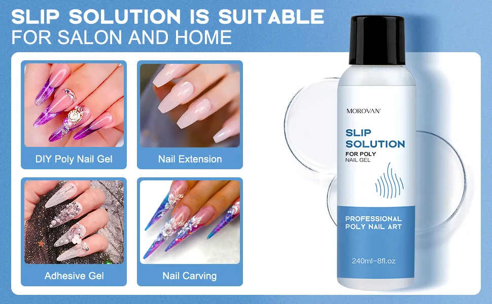 Morovan Slip Solution Poly Gel Big 8Oz 240ML Extension Nail Gel Slip Solution With Brush Anti-stick Gel Liquid Solution Bottle Cap as A Cup Poly Gel Solution Liquid Easy DIY Gel Solution at Home Clear - Slip Solution Poly Gel