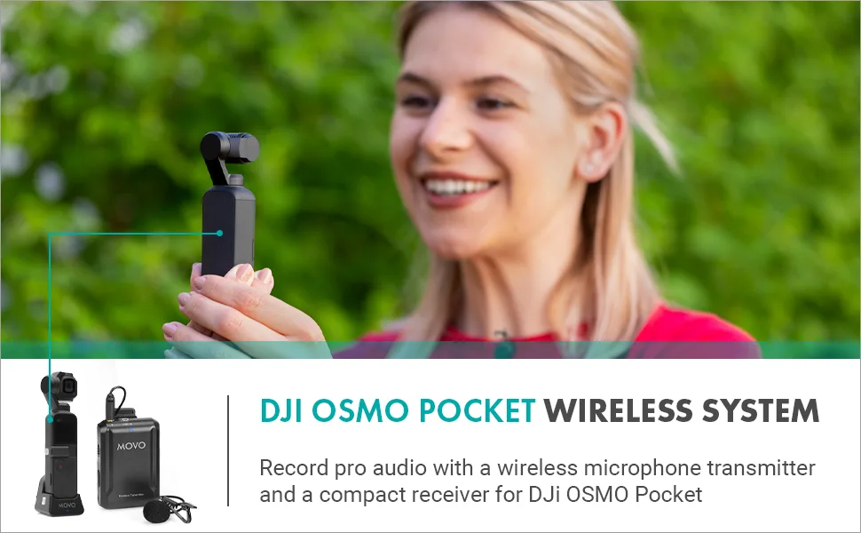 Movo Edge-OP Wireless Lavalier Microphone for Osmo Pocket 1 and 2 - Wireless Clip-on Lapel Mic, Transmitter, and Receiver Set for Video, Vlogging, Filming - Movo