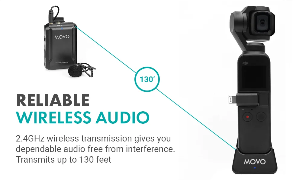 Movo Edge-OP Wireless Lavalier Microphone for Osmo Pocket 1 and 2 - Wireless Clip-on Lapel Mic, Transmitter, and Receiver Set for Video, Vlogging, Filming - Movo