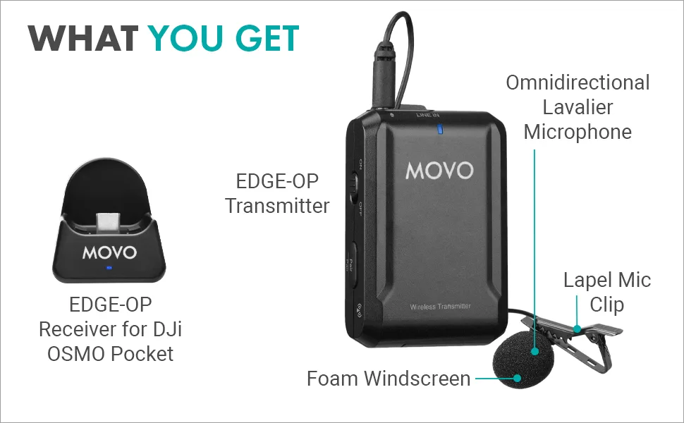 Movo Edge-OP Wireless Lavalier Microphone for Osmo Pocket 1 and 2 - Wireless Clip-on Lapel Mic, Transmitter, and Receiver Set for Video, Vlogging, Filming - Movo