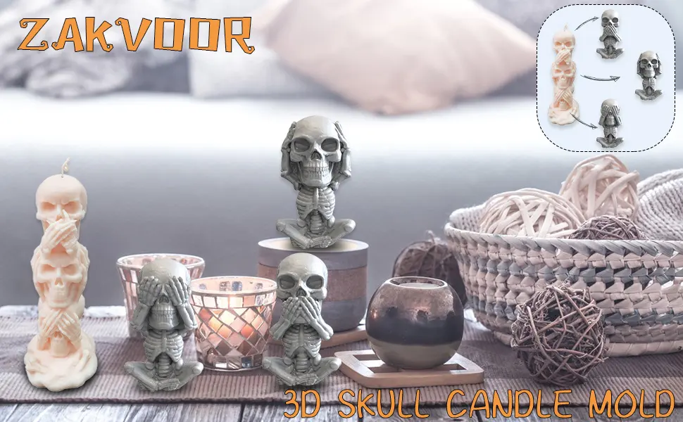 3D Skull Candle Mold Column Halloween Silicone Resin Mold for Aromatherapy Candles Resin Casting Homemade Wax Making Polymer Clay DIY Craft - Candle Mold