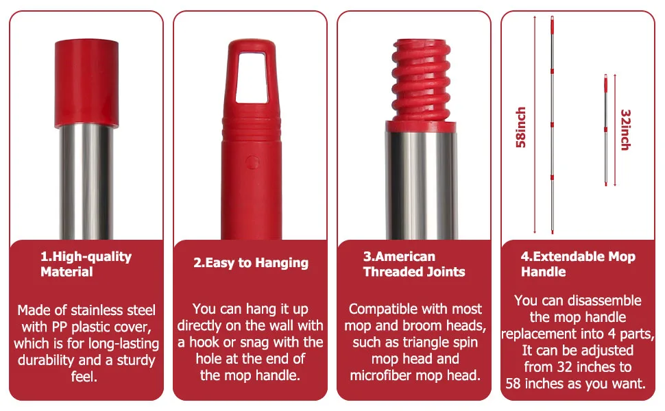 Qulable Spin Mop Replacement Handle - 4-Section 30" to 58" Mop Handle Replacement Stick Compatible with O-Ceda Spin Mop, EasyWring Mop Handle for Floor Cleaning Mop Handle - Red - mop replace handle