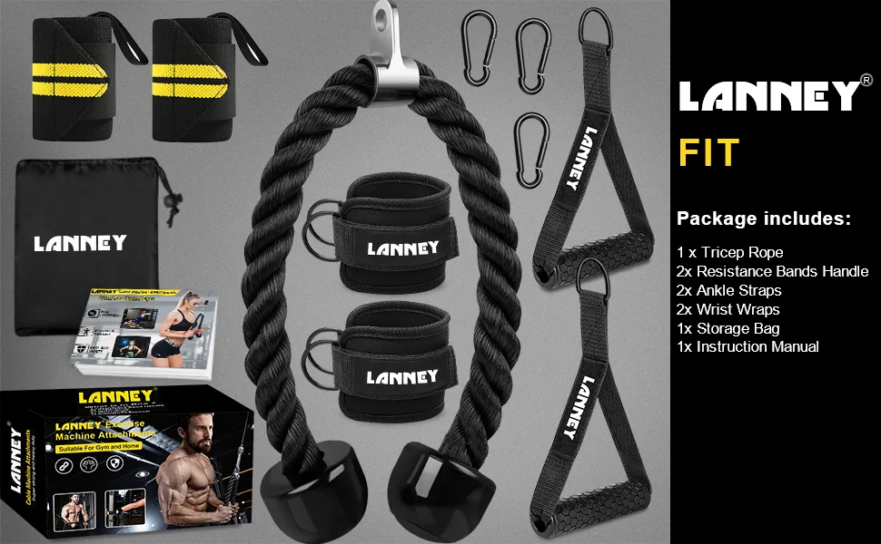 Tricep Rope Cable Machine Attachment, 35" Triceps Pull Down Rope LAT Pulldown Attachments, Home Gym Accessories Set with Resistance Bands Handle, Ankle Straps, Carabiner, Wrist Wraps for Exercise black - cable machine attachment tricep rope