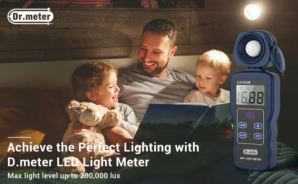 Dr.meter Professional LED Light Meter, Digital Illuminance Meter with 0-200,000 Measuring Ranges and 270 Degree Rotatable Detector - LED light meter