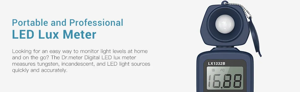 Dr.meter Professional LED Light Meter, Digital Illuminance Meter with 0-200,000 Measuring Ranges and 270 Degree Rotatable Detector - lux meter
